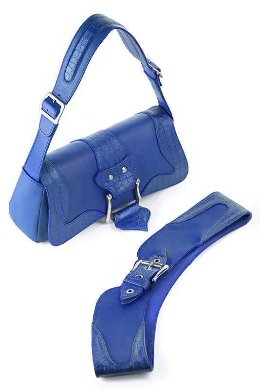 Electric blue women's dress handbag, matching pumps and belts. Worn view - Florence KOOIJMAN